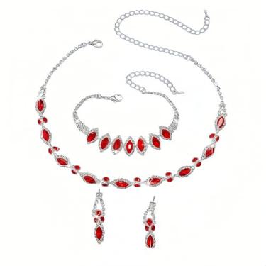 Imagem de Conjunto Colar Brinco Pulseira Choker Gargantilha Folha Zircônia Cúbica Verde Esmeralda Vermelho - Festa Formatura Debutante - Presente Noiva Namorada Mãe - Delicado Brilhante (Vermelho)