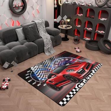 Imagem de Tapete de área de carro esportivo infantil 1,5 x 1,8 m, tapete esportivo de corrida moderno para cabeceira sala de estar decoração de sofá, decoração de bandeira xadrez preto e branco legal para crianças meninos adolescentes homens