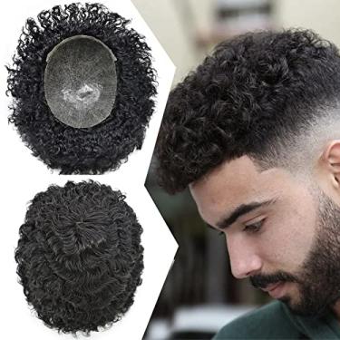 Imagem de Peruca Afro para homens negros 12 mm Weave Hair Unit Black Men's Curly Toupee 100% cabelo humano injeção completa pele PU sistema de substituição afro-americano peruca masculina milagre facial (20.3