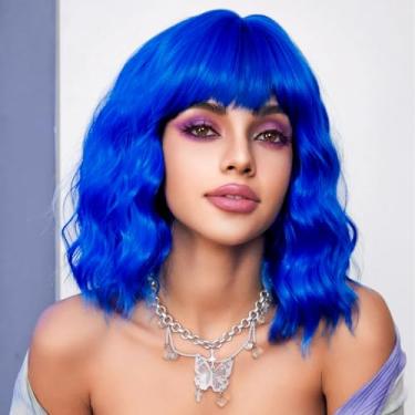Imagem de AGO Peruca ondulada curta azul com franja cacheada comprimento dos ombros 35,5 cm peruca de cabelo sintético para mulheres, meninas, resistente ao calor, perucas coloridas sintéticas para uso diário