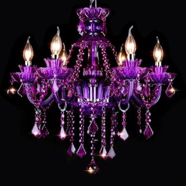 Imagem de Bagood Lustre De Cristal K9 Roxo Com 6 Luzes, Iluminação, Lustre De Vela, Iluminação, Luzes Pendentes Modernas, Lustre De Cristal Moderno Para Sala De Jantar, Sala De Estar, Quarto, Base E12, Altura