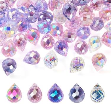 Imagem de Magibeads 50 peças de contas de lágrima de vidro facetadas rosa roxo lustre cristais iridescentes gota de água prisma contas para artesanato, apanhadores de sol, sinos de vento, bijuterias