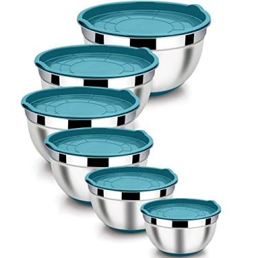 Imagem de LIANYU Tigelas de mistura com tampas herméticas, conjunto de 6, tigela de mistura de aço inoxidável com fundo antiderrapante, tamanho 7, 3,5, 2,5, 2, 1,5, 1 litro, tigelas grandes de metal para