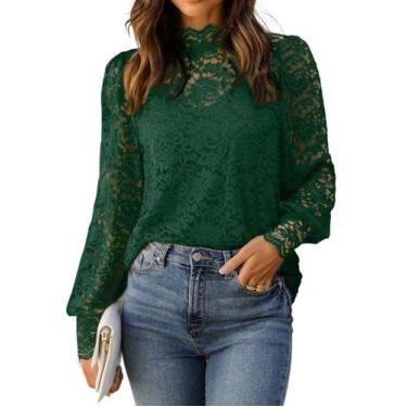 Imagem de Blusa HOTOUCH de renda de manga comprida para mulheres verde escuro M