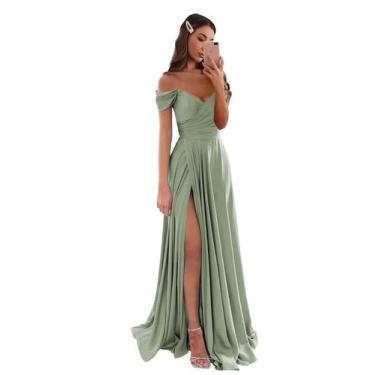 Imagem de Vestido de formatura GODCUN Off Shoulder, cetim, evasê, fenda longa, v