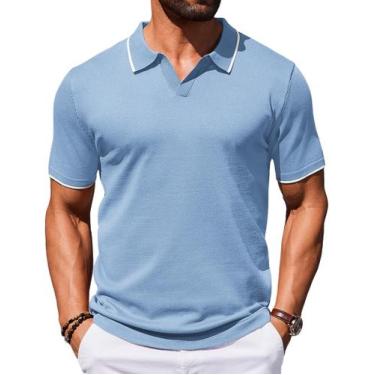Imagem de Camisa polo COOFANDY de manga curta tricotada retrô masculina azul