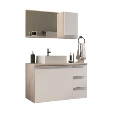 Imagem de Gabinete Banheiro Prisma 80cm (gabinete + cuba + espelheira) Opção: TAMPO VIDRO (Madeirado/Branco,COM TAMPO)