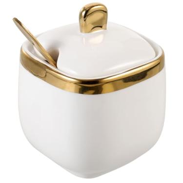 Imagem de BESTOYARD 1 pote de cerâmica para temperos, açucareiro com tampa e colher, potes de açucareiro de cerâmica, pote de tempero com borda dourada servidor de sal cubo de açúcar branco com tampa de aço