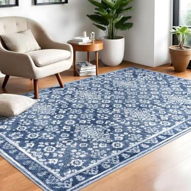 Imagem de SILOLOOM Tapete vintage 10 x 15 cm, tapete de entrada branco e azul empoeirado antiderrapante, lavável para sala de estar, tapete fino impresso de lã sintética, tapete super macio para quarto, sala de