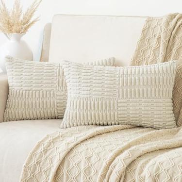 Imagem de Softalker Capas de almofada lombar 30,5 x 50,8 cm, pacote com 2 fronhas fofas de veludo cotelê, listradas, texturizadas, modernas, decorativas, para cadeira, cama, quarto, sofá, creme