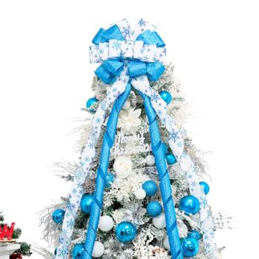 Imagem de Hismir Arco de topo de árvore de Natal, arco de Natal grande de 133 x 33 cm com serpentina de glitter e fita estampada, laços decorativos para decoração de casa de Natal e guirlanda de árvore de Natal