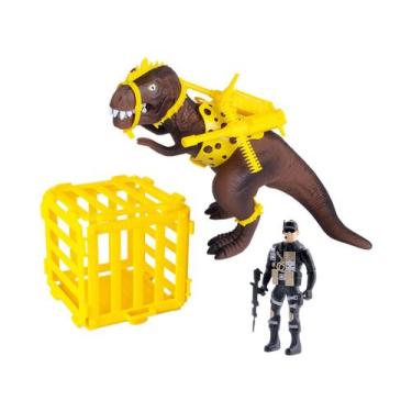 Imagem de Dinossauro Rex Attack Amarelo e Marrom 10cm  - Samba Toys com Soldado,
