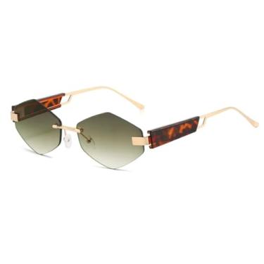 Imagem de HPIRME Óculos de sol femininos sem armação de metal estilo losango, vintage, punk, hip hop, UV400 (dourado e verde)