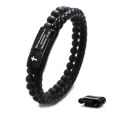 Imagem de FEEL STYLE Pulseira masculina de couro com versículo da Bíblia - Pulseira de cruz de pedra vulcânica para homens - Pulseira de couro trançado de equilíbrio de cura - Joias de presente de formatura