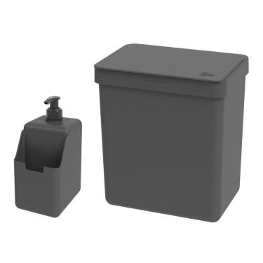 Imagem de Kit Cozinha Dispenser Porta Detergente Lixeira 2,5L Single grafite - Coza