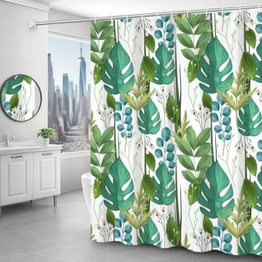 Imagem de dnldliq Cortina de chuveiro com folhas tropicais, tema natural, palmeira, verde, planta, cortina para banheiro, botânica, folha Monstera, cortina de chuveiro com ganchos, decoração de tecido