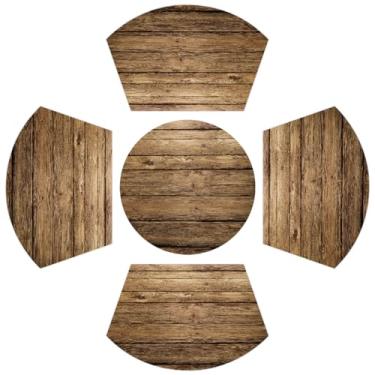 Imagem de Jogo americano com textura de madeira cáqui para mesas redondas, conjunto de 5, tapete em forma de cunha com tapete de centro de mesa redondo, lavável, resistente ao calor, tapetes de mesa de jantar