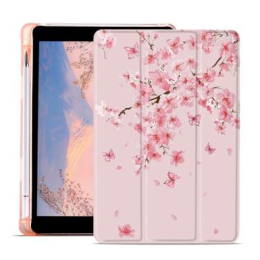 Imagem de Capa Cherry Blossoms para iPad 9ª/7ª/8ª geração (2021/2020/2019 10,2 polegadas) linda borboleta floral suporte de três dobras capa de couro branco com suporte para lápis despertar/hibernar