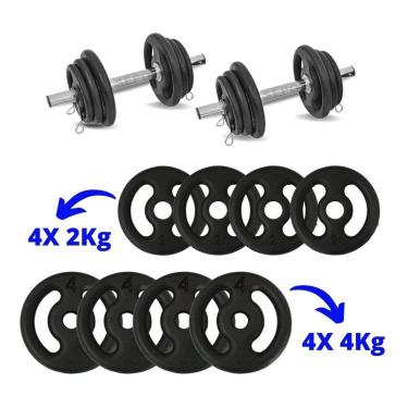 Imagem de Kit de Anilhas Ferro Fundido 24KG + barras 40cm - (4x 4Kg) - (4x 2Kg)-Unissex