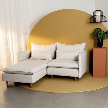 Imagem de Sofá Modular 2 Lugares com Chaise e Pé Madeira Sôma Cabecasa Madeiramadeira Linho Natural