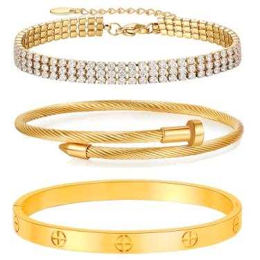 Imagem de MVCOLEDY Conjunto de pulseiras de amor banhadas a ouro 18 K com zircônia cúbica clássica de aço inoxidável ajustável em ouro zircônia cúbica para mulheres, Medium, Aço inoxidável Zircônia cúbica Aço