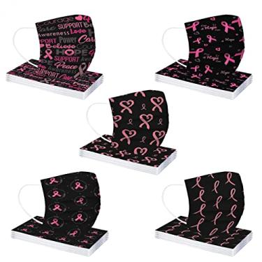Imagem de 【Pacote com 50】 Máscaras faciais descartáveis de conscientização do câncer de mama, máscaras de fita rosa para mulheres e adultos, proteção facial de 3 camadas (B)
