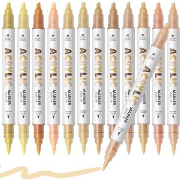Imagem de Canetas de tinta acrílica de tom de pele quente, à base de água, 12 cores, marcadores de tinta acrílica de ponta dupla para pintura de rocha, madeira, vidro, cerâmica, tela, tecido, pedra, artesanato