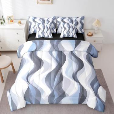 Imagem de Erosebridal Conjunto de edredom solteiro azul claro, 7 peças, boêmio, abstrato, listrado, para crianças, adolescentes e adultos, roupa de cama geométrica moderna minimalista, arte estética de meados