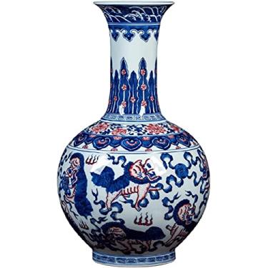 Imagem de LIFOND Vaso de flores vaso de cerâmica chinês retrô pintado à mão vasos decorativos de porcelana azul e branca 45 cm grande vaso de flores decorativo de porcelana azul e branca decoração de mesa
