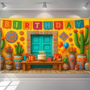 Imagem de HOMETITUTE Banner vintage feliz aniversário festa mexicana cacto flores papel picado balões maracas cores vibrantes decoração evento feriado banner festa interior fundo exterior 180 x 109 centímetros