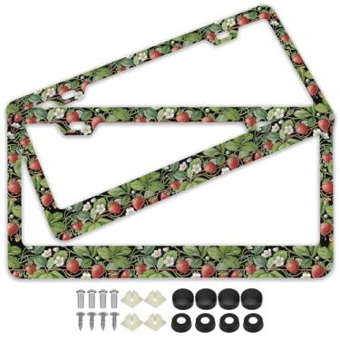 Imagem de 2 peças personalizadas Strawberry Delight Molduras para placa de carro - Suportes coloridos de etiqueta de carro de aço inoxidável com parafusos, ajuste universal para placas dos EUA e Canadá 30,5 x