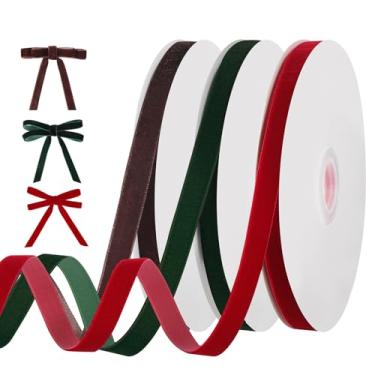 Imagem de woric Fita de veludo de Natal 9,5 cm 30 metros de tecido de veludo vintage fita fina para gargantilha, laços, embrulho de presente, guirlanda de árvores de Natal para porta de casa (3 rolos x 10 m)