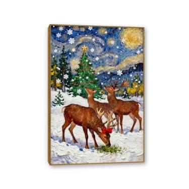 Imagem de Zeichn8u Impressão de arte de parede de Natal, rena, céu estrelado, pôsteres de Natal, decoração de quarto, galeria, sala de estar, banheiro, decoração de parede, moldura de teca 90 x 60 cm (35 x 24