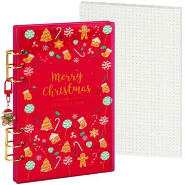 Imagem de Fichário festivo A5 com design de Natal, capa acrílica, design plano, anel redondo de metal dourado, páginas de grade de 90 pontos, chaveiro, presente de feriado perfeito (vermelho festivo)