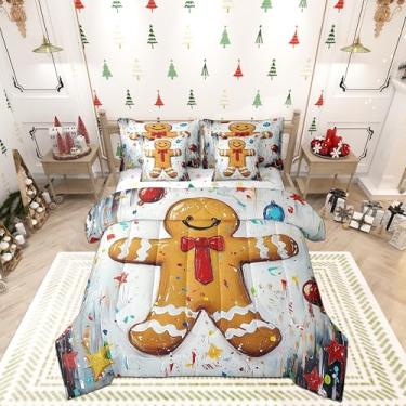 Imagem de Conjunto de edredom infantil Merry Christmas, tamanho Queen, 7 peças, tema de Natal em aquarela, graffiti, reversível, conjunto de cama com estampa de biscoito e edredom com edredom, lençol e fronha
