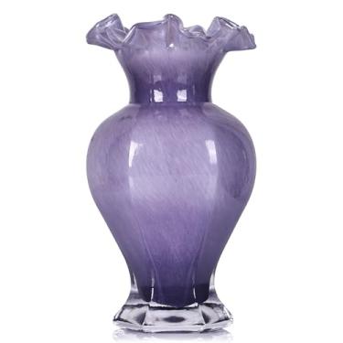 Imagem de XMGZQ Vasos roxos de 24 cm de altura para flores, vasos de vidro soprado à mão para centros de mesa, vaso roxo moderno de arte de vidro murano para decoração de casa, arte de vidro para decoração de