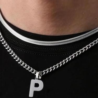 Imagem de Coleção de 26 colares com pingente de alfabeto em camadas, design de corrente dupla (cobra e elos cubanos), joias urbanas hip hop para uso diário e casual, One Size, Aço inoxidável, Sem Pedra Preciosa