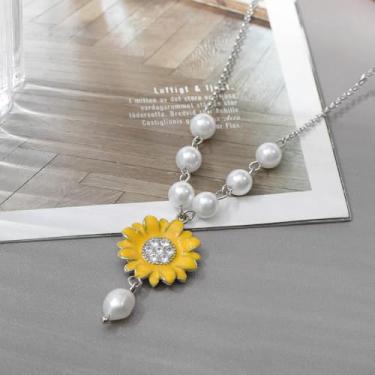 Imagem de Colar de zircônia cúbica de pérola de girassol - joia moderna com pingente de esmalte dourado e prata para mulheres, One Size, Aço inoxidável, Zircônia cúbica Pérola