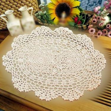 Imagem de Jogo americano oval de renda de algodão com design floral, tapete de mesa oval, toalha vintage de renda de algodão crochê à mão, design de bordado oco feito à mão