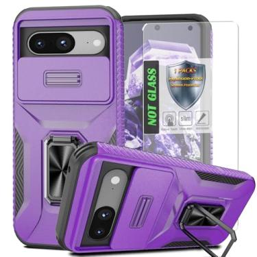 Imagem de Capa para Pixel 8, com capa de lente de câmera deslizante, protetor de tela HD, suporte de anel giratório de 360°, capa protetora à prova de choque de grau militar AYMECL para Google Pixel 8, roxa