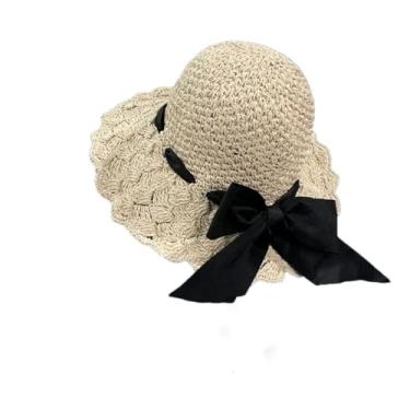 Imagem de Chapéu feminino de verão, feito à mão, tecido de palha, aba grande, chapéu de sol, chapéu de pescador, bege, ajustável, 55-58 cm
