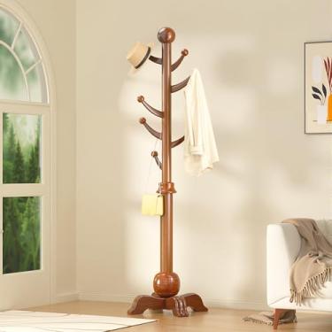 Imagem de Hall Tree, suporte independente para árvores de madeira com 7 ganchos, cabide com base de esfera estável, suporte de madeira para casacos, carga de 95 kg, suporte de cabide para entrada, corredor