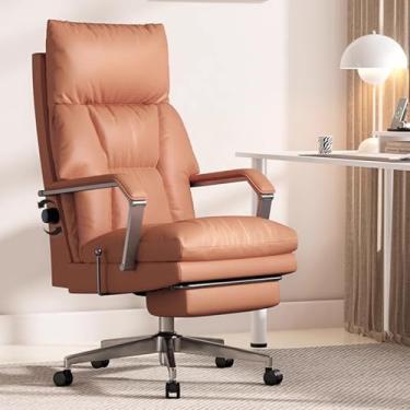 Imagem de Cadeira de escritório ergonômica com encosto alto, Suporte lombar ajustável e giro de 360° - Cadeira de escritório reclinável de couro com apoio para os pés, Capacidade de 180 kg,Brown