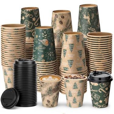 Imagem de FoldTier 100 peças de copos de papel de Natal de 340 g com tampas Xícaras de café descartáveis de Natal Papel Kraft para beber festa de Natal Suprimentos para bebidas quentes e frias de cacau