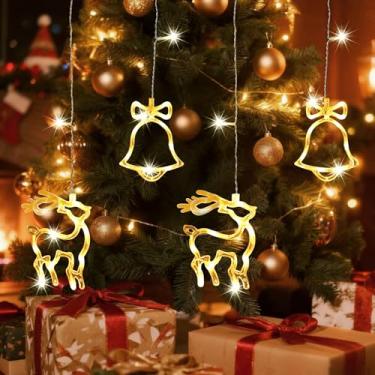 Imagem de Treewoll Cortina De Luzes Natal Com 180 Leds, Fada Brancas Quentes Para Janela 2,4 M 12 Pingentes Rena E Sino, 8 Modos À Prova D'Água Decoração Festas