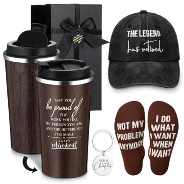 Imagem de Skylety 5 peças de presentes de aposentadoria para homens 590 ml copo de aço inoxidável sinal de aposentadoria chapéu meias ajustáveis Aproveite o chaveiro com caixa de presente para pai, avô, colega