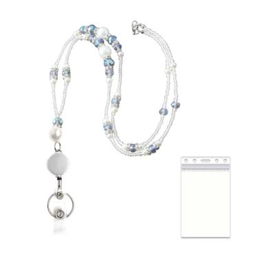 Imagem de Cordões para crachás de identificação e chaves, cordão retrátil com contas para mulheres, suporte de crachá de identificação de professor com pérola, design de contas de pedra natural para colhedores