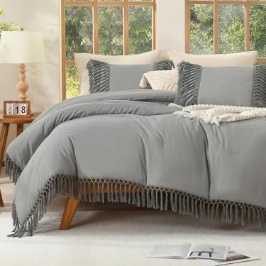 Imagem de Andency Conjunto de edredom Queen, cinza médio, 3 peças, boêmio, leve, conjunto de cama com borlas enferrujadas (edredom de 2,24 x 224 cm e 2 fronhas)