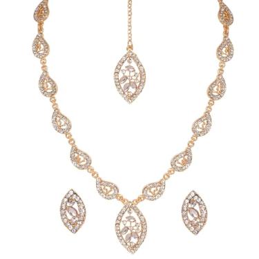 Imagem de Touchstone NOVO Bollywood indiano feito à mão Paisley Floral Navratri Garba Dandya Corte Redondo Strass Kundan Look Marquise Designer Joias Colar Mangtika Brincos Conjunto em tom dourado para mulheres