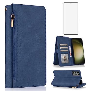Imagem de Capa carteira compatível com Samsung Galaxy S23 Ultra 5G, protetor de tela de vidro temperado e zíper retrô de couro, suporte para cartão, acessórios para celular para S23Ultra 23S S 23 23Ultra azul